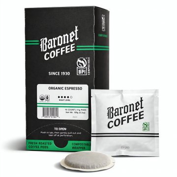 Baronet Compostable Organic Espresso 11g Soft Pods - 16 ct